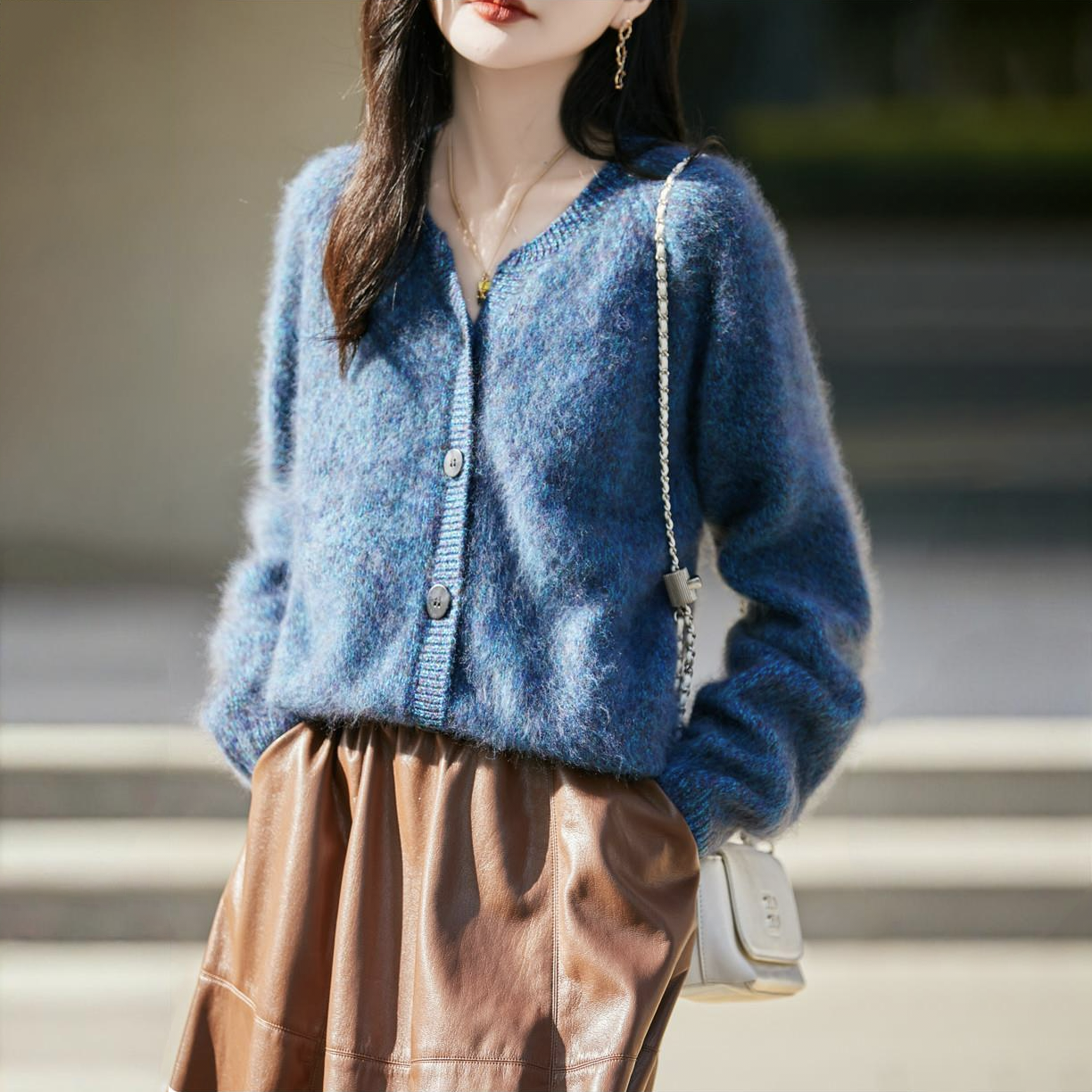 法式慵懶風花紗拉絨羊毛針織開衫-Cicimode