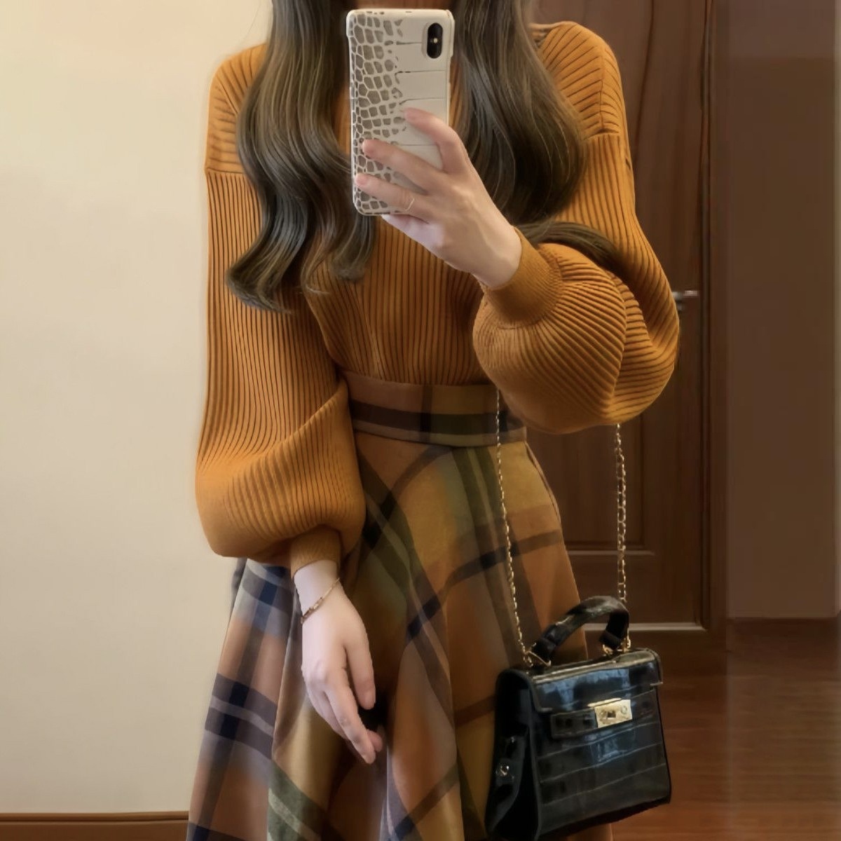 【單件/套裝】法式復古溫柔風氣質針織毛衣+格紋半身裙兩件套-Cicimode