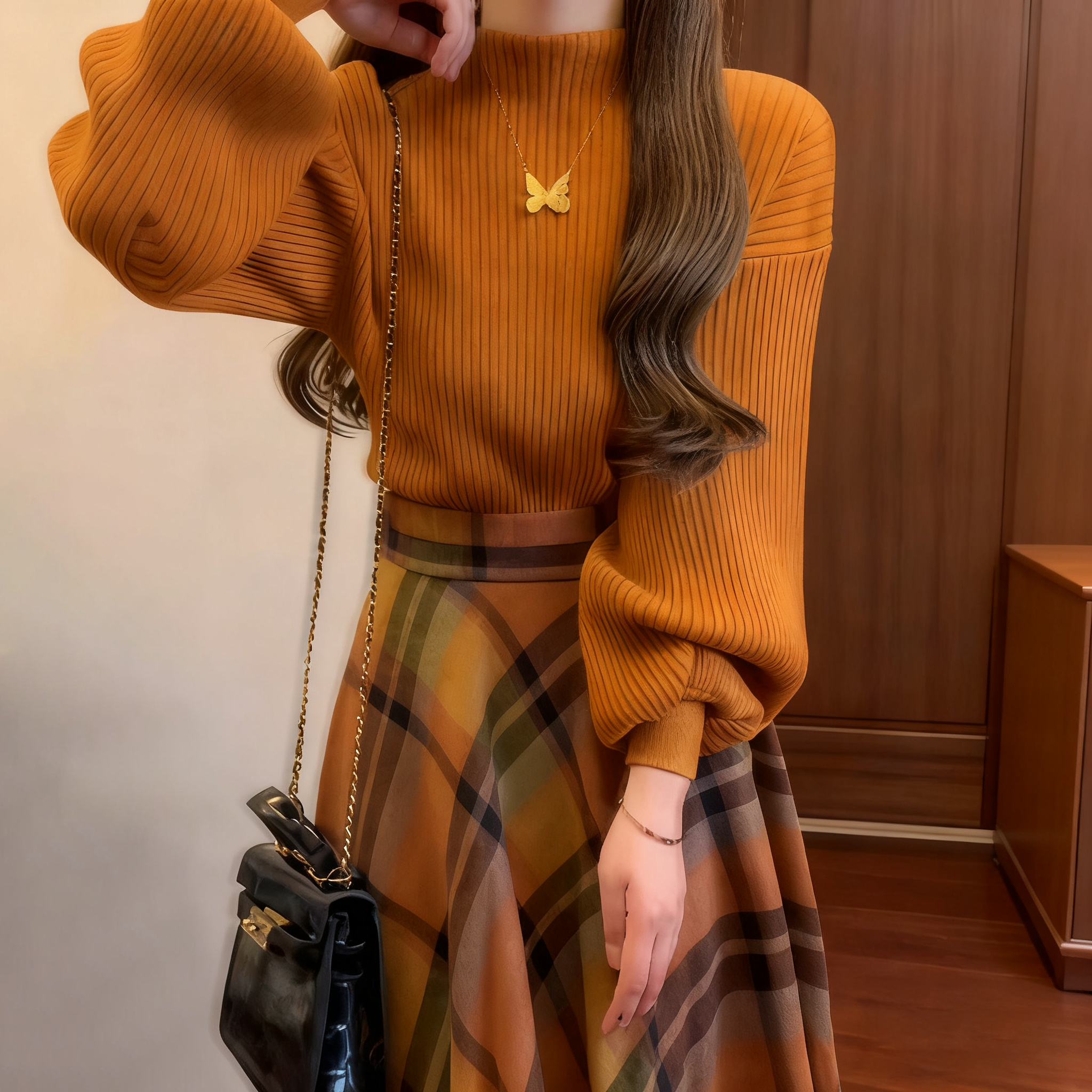 【單件/套裝】法式復古溫柔風氣質針織毛衣+格紋半身裙兩件套-Cicimode