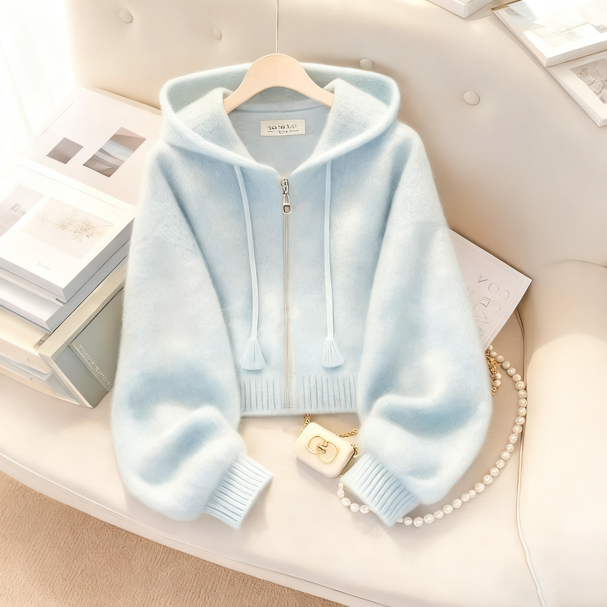 多巴胺慵懶風高級感連帽針織毛衣開衫-Cicimode