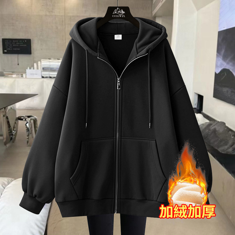 美式刷毛加厚寬鬆運動慵懶風拉鍊連帽外套-Cicimode