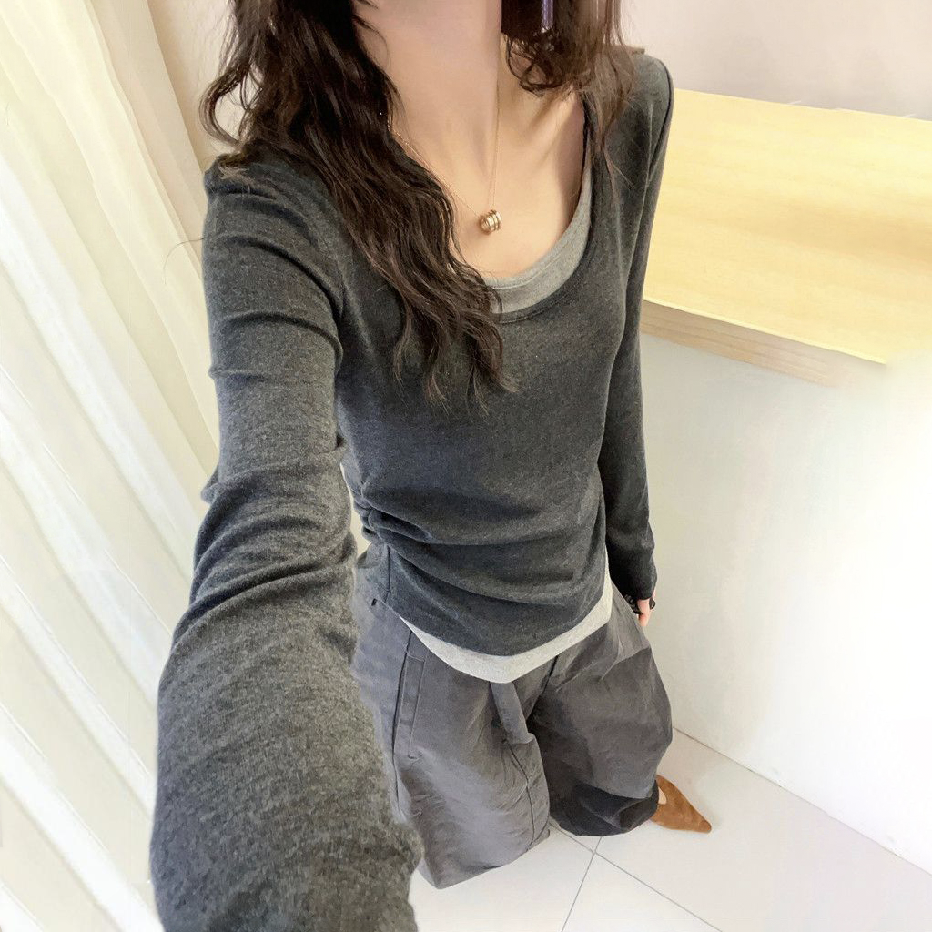 假兩件正肩修身顯瘦拼接撞色長袖T恤-Cicimode