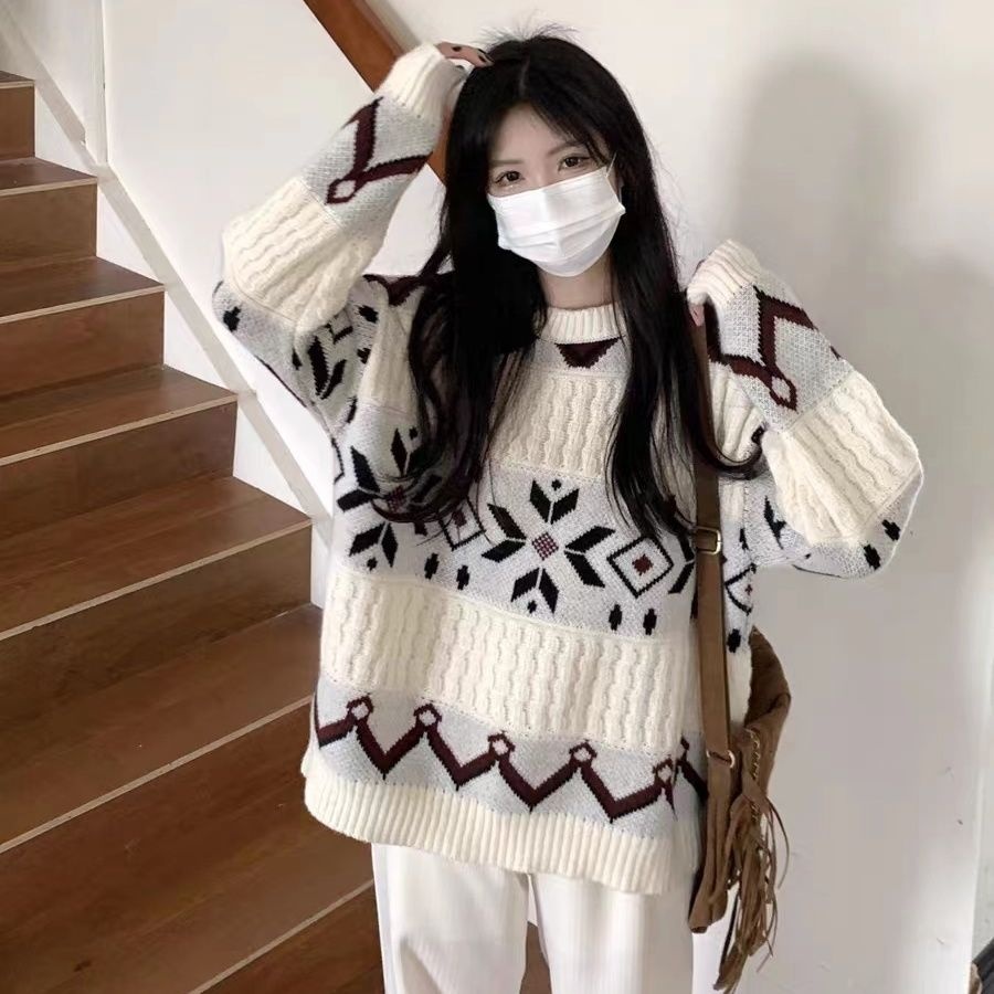 【單件/套裝】寬鬆拼色復古提花套頭毛衣+休閒闊腿褲兩件套-Cicimode