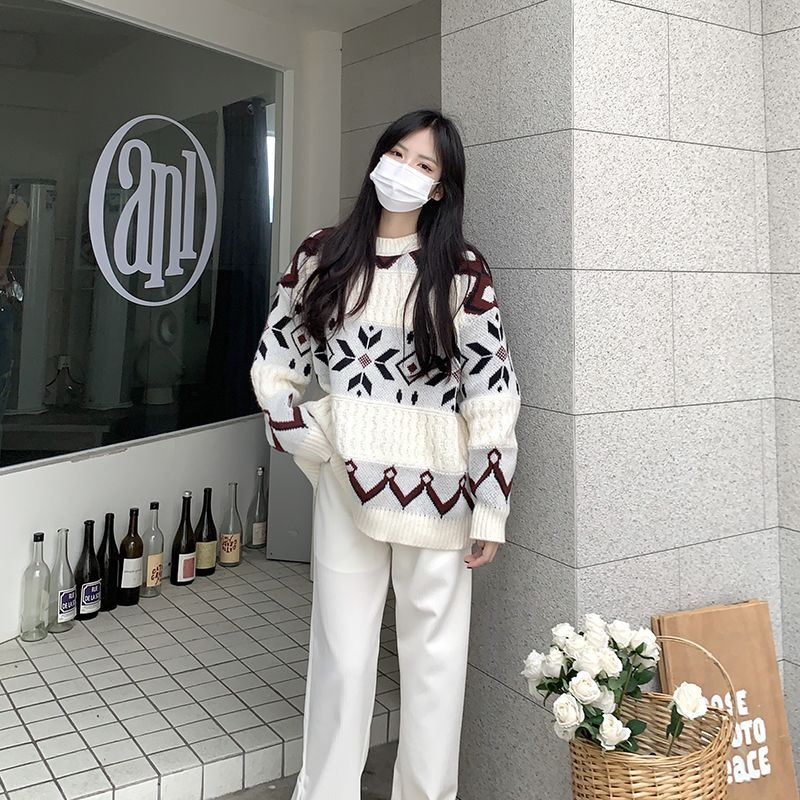 【單件/套裝】寬鬆拼色復古提花套頭毛衣+休閒闊腿褲兩件套-Cicimode