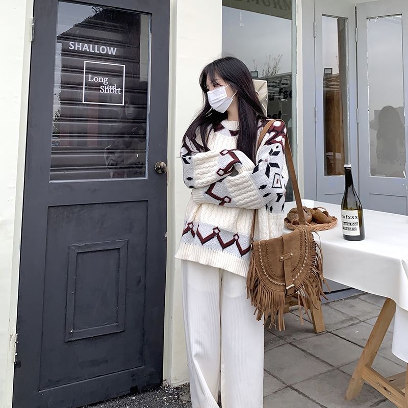 【單件/套裝】寬鬆拼色復古提花套頭毛衣+休閒闊腿褲兩件套-Cicimode