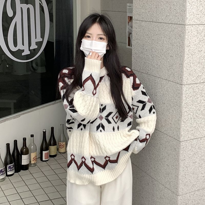 【單件/套裝】寬鬆拼色復古提花套頭毛衣+休閒闊腿褲兩件套-Cicimode