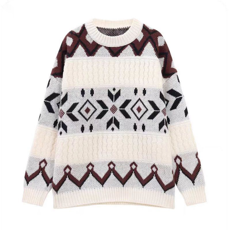 【單件/套裝】寬鬆拼色復古提花套頭毛衣+休閒闊腿褲兩件套-Cicimode