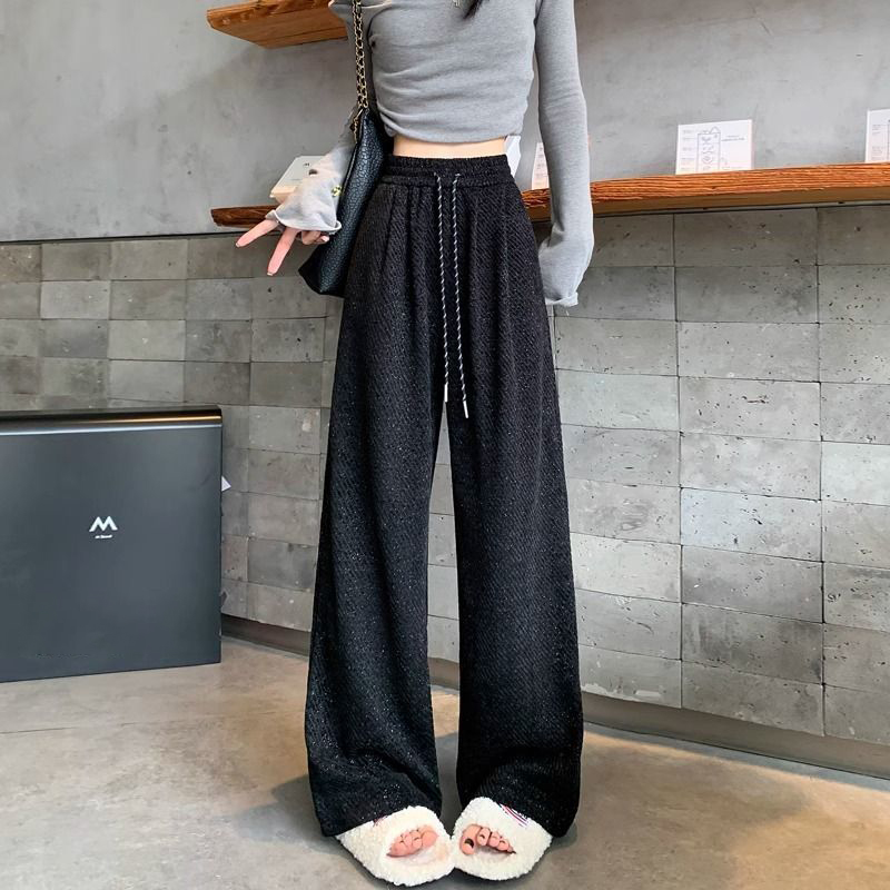高腰垂感慵懶感亮絲刷毛休閒毛呢斜條紋闊腿褲-Cicimode