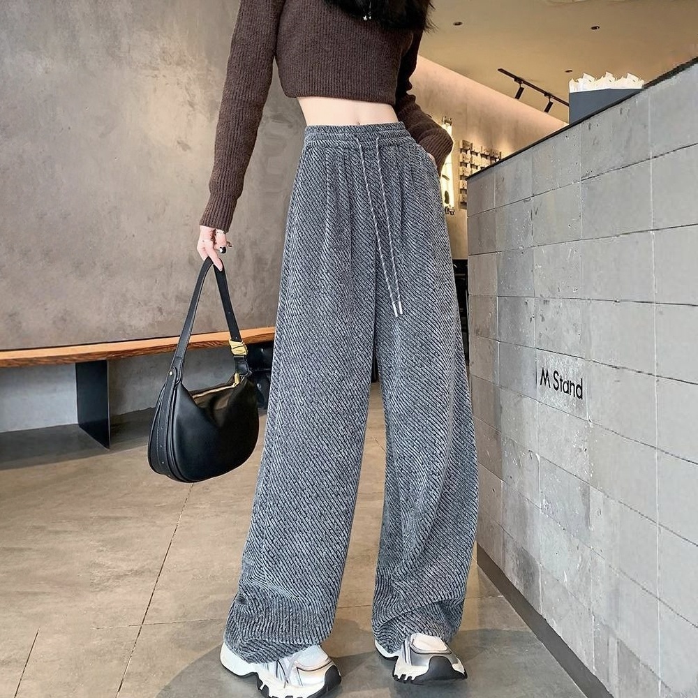 高腰垂感慵懶感亮絲刷毛休閒毛呢斜條紋闊腿褲-Cicimode