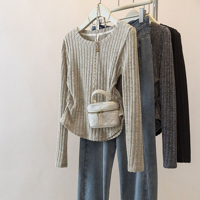 韓版褶皺收腰修身內搭坑條長袖T恤-Cicimode