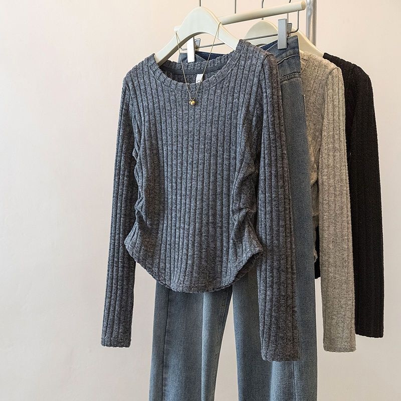 韓版褶皺收腰修身內搭坑條長袖T恤-Cicimode