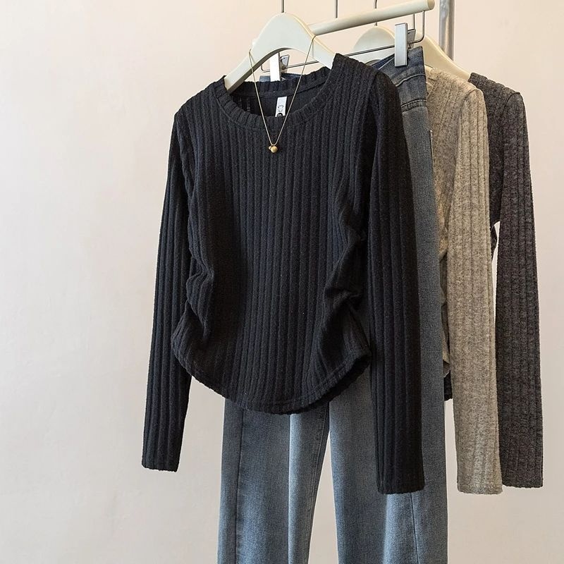 韓版褶皺收腰修身內搭坑條長袖T恤-Cicimode