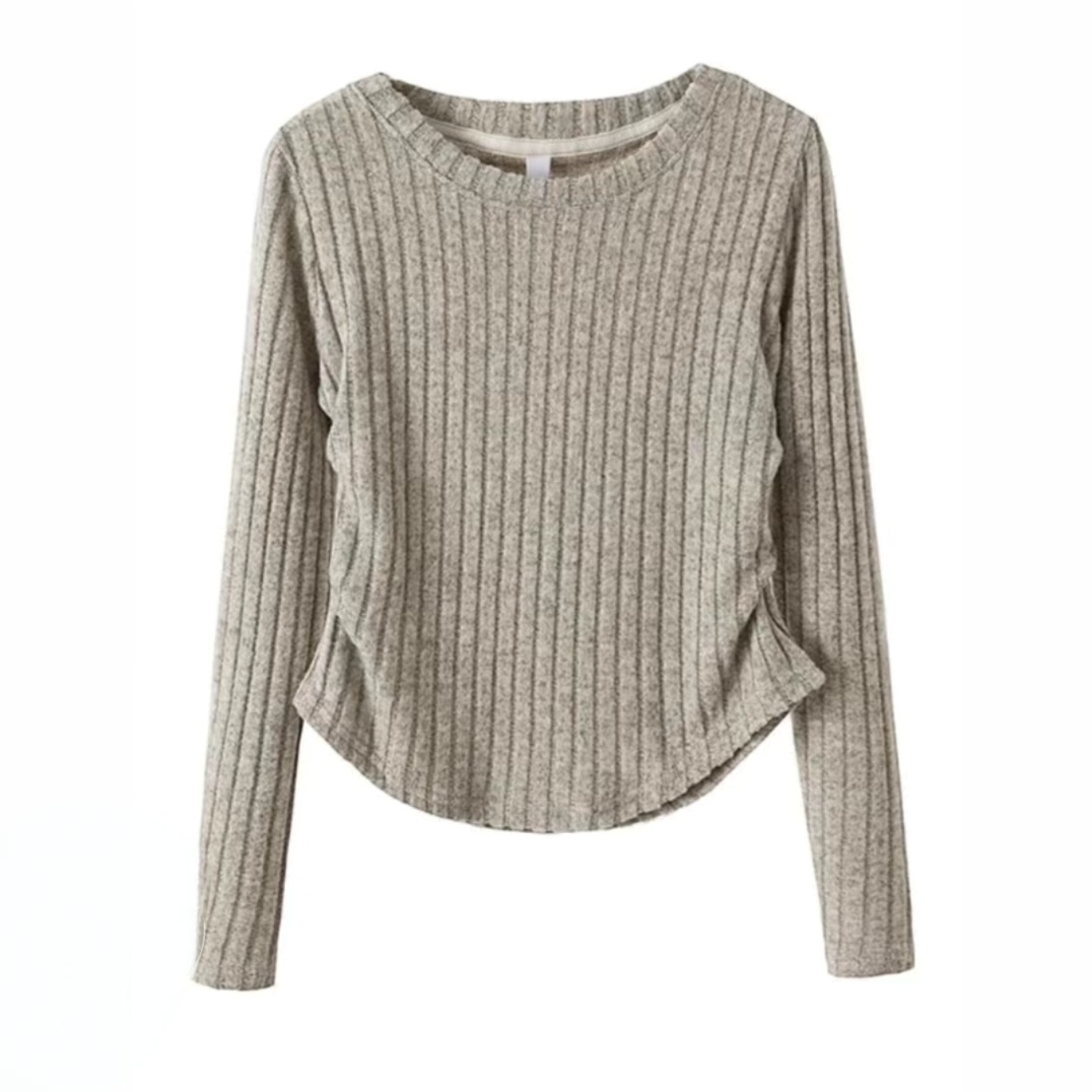 韓版褶皺收腰修身內搭坑條長袖T恤-Cicimode