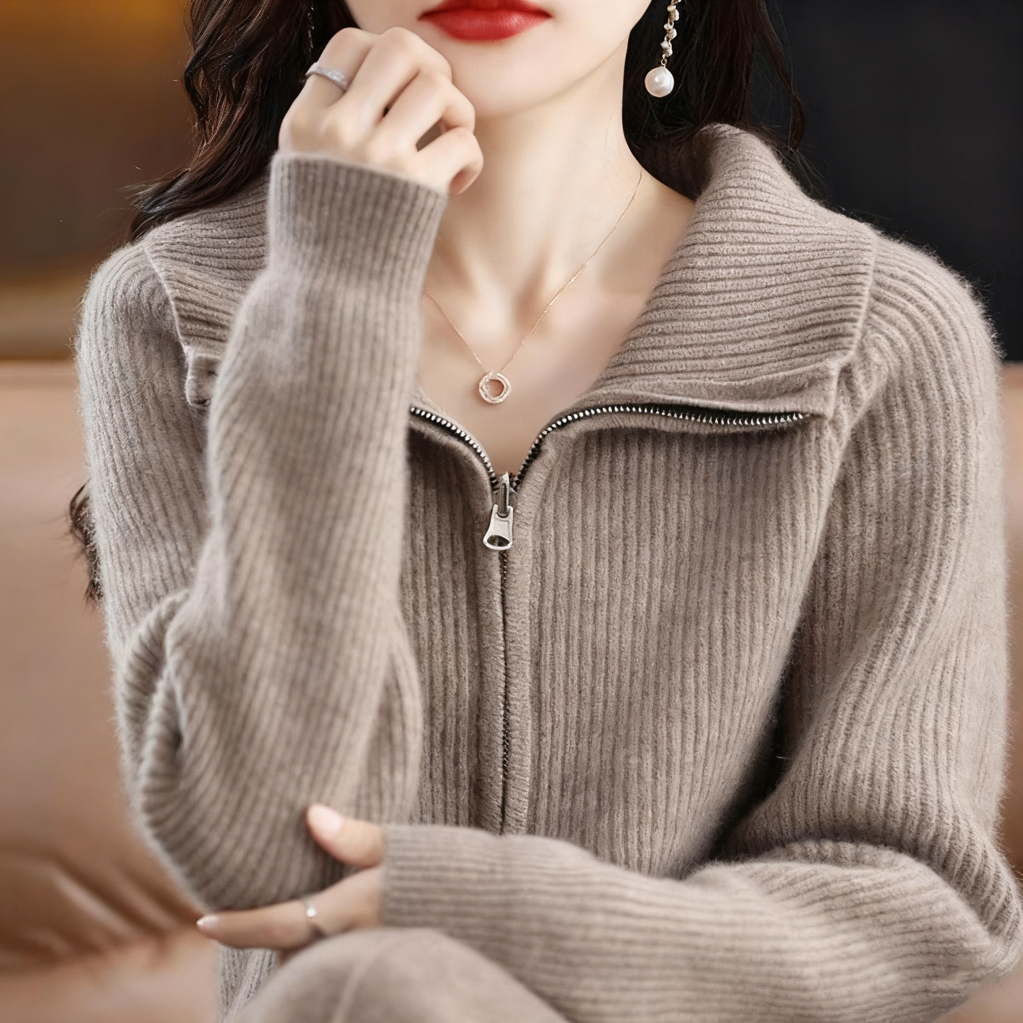 拉鍊羊毛外套粗針加厚寬鬆針織開衫-Cicimode