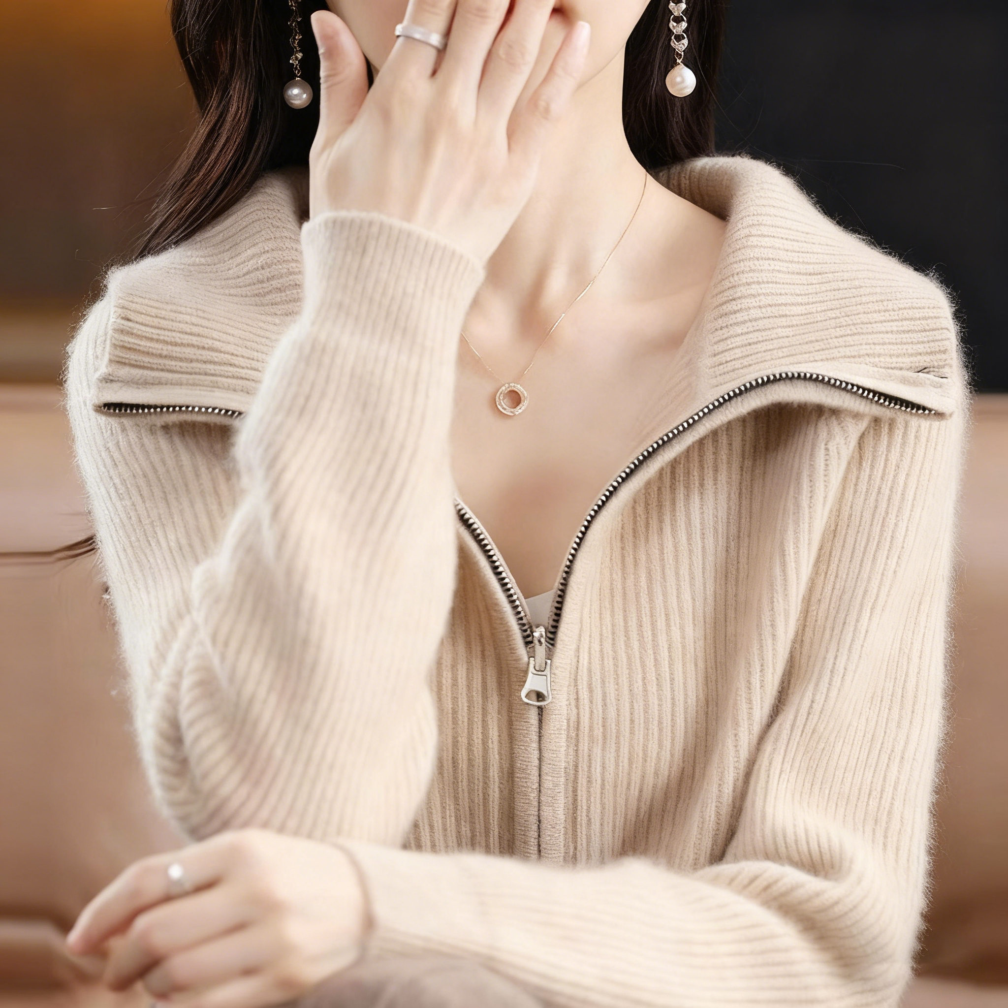 拉鍊羊毛外套粗針加厚寬鬆針織開衫-Cicimode