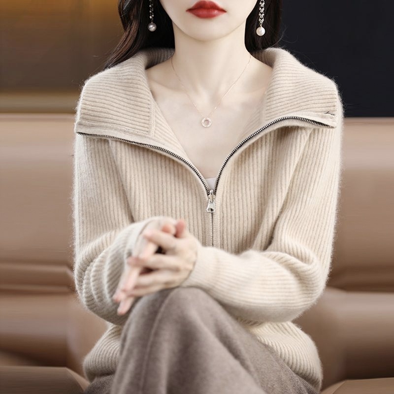 拉鍊羊毛外套粗針加厚寬鬆針織開衫-Cicimode