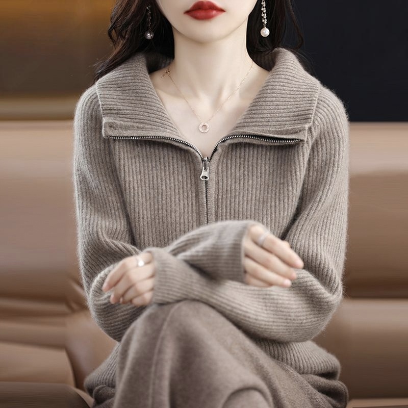 拉鍊羊毛外套粗針加厚寬鬆針織開衫-Cicimode