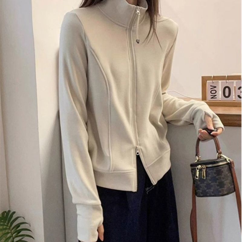 雙拉鍊立領德絨高級感休閒短款開衫外套