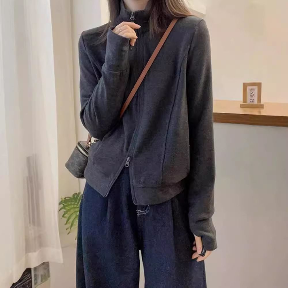 雙拉鍊立領德絨高級感休閒短款開衫外套