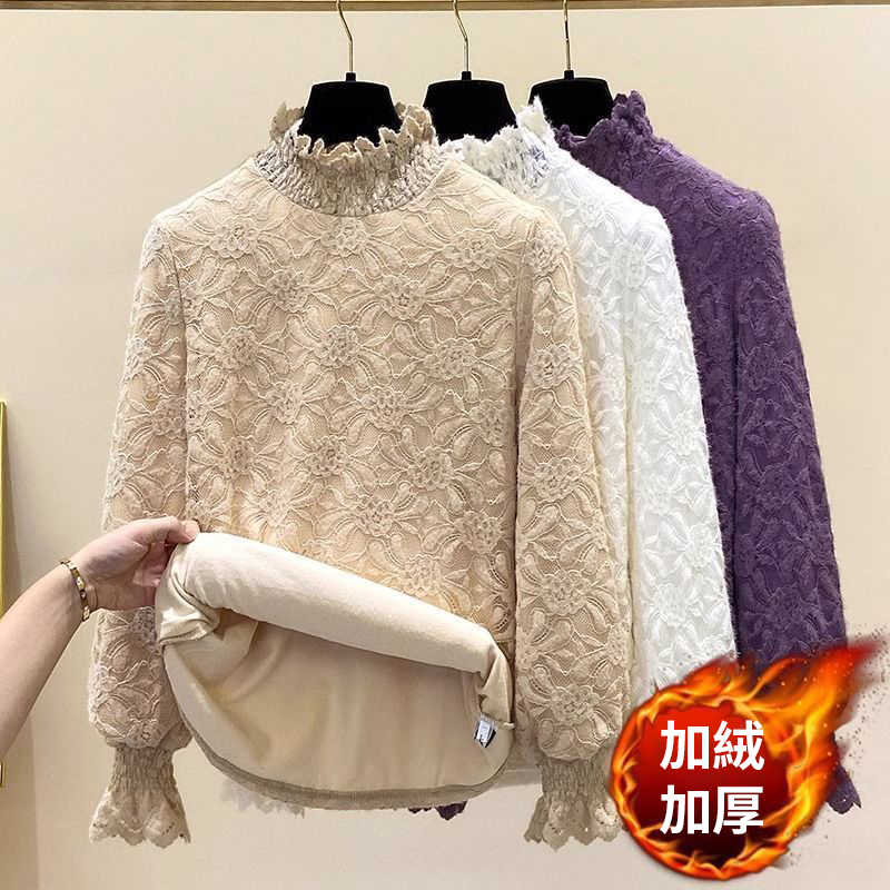 刷毛加厚內搭蕾絲半高領顯瘦打底衫-Cicimode