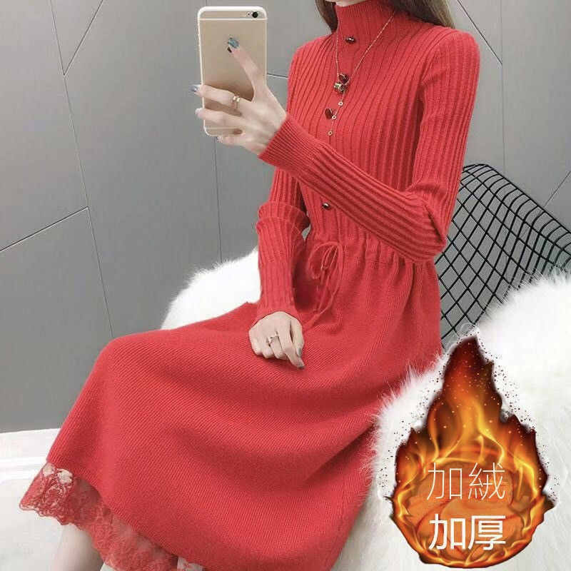 刷毛加厚中長版蕾絲寬鬆半高領針織洋裝-Cicimode