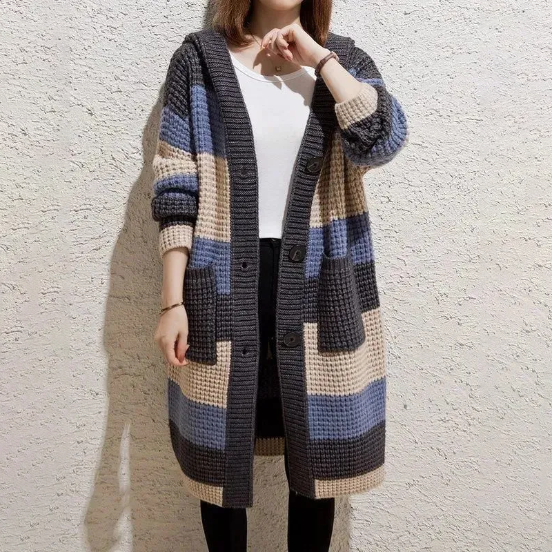 慵懶風寬鬆中長版連帽粗針針織開衫-Cicimode