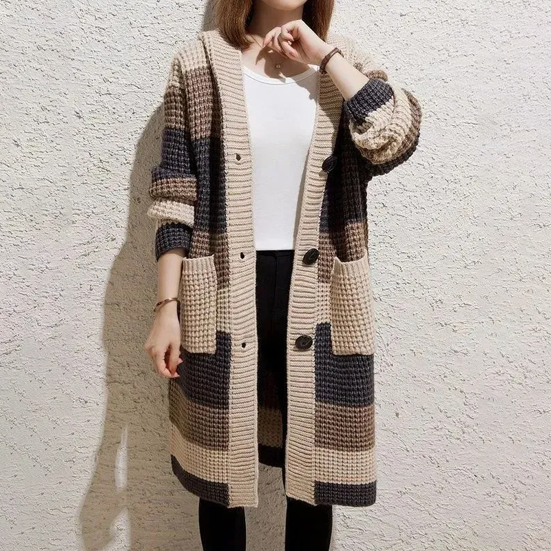 慵懶風寬鬆中長版連帽粗針針織開衫-Cicimode