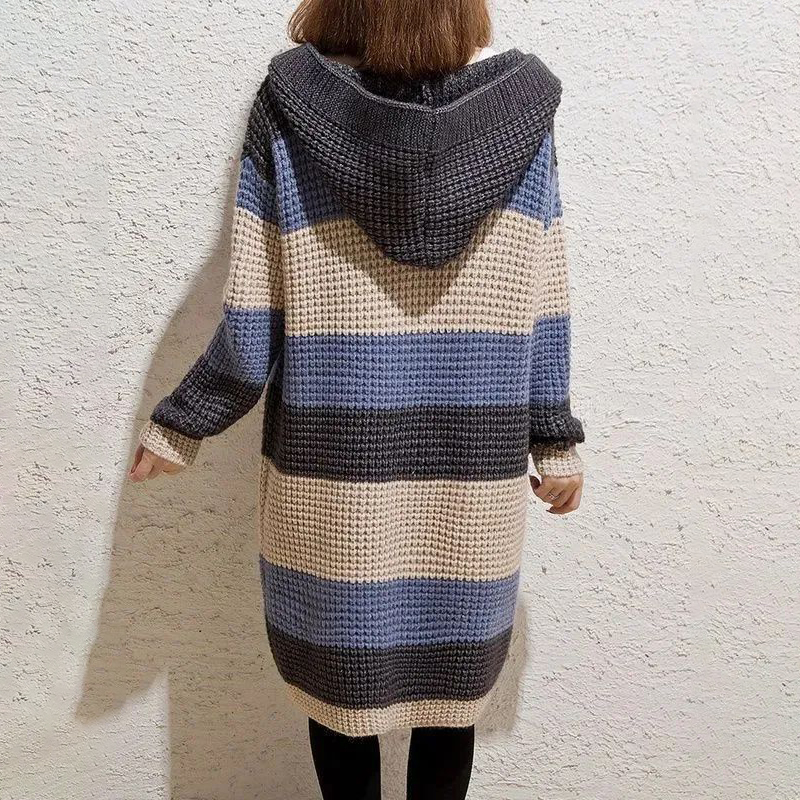 慵懶風寬鬆中長版連帽粗針針織開衫-Cicimode