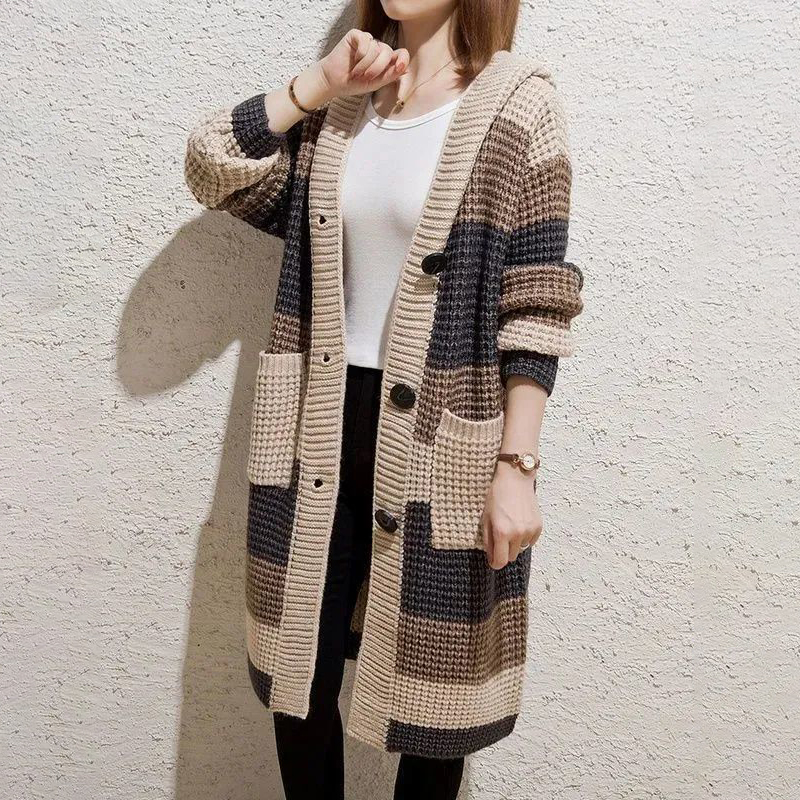 慵懶風寬鬆中長版連帽粗針針織開衫-Cicimode