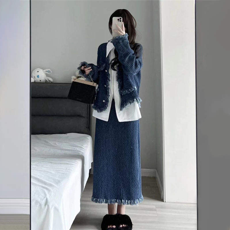 【單件/套裝】高級感毛邊小香風外套+設計感襯衫+高腰半身裙三件套裝-Cicimode