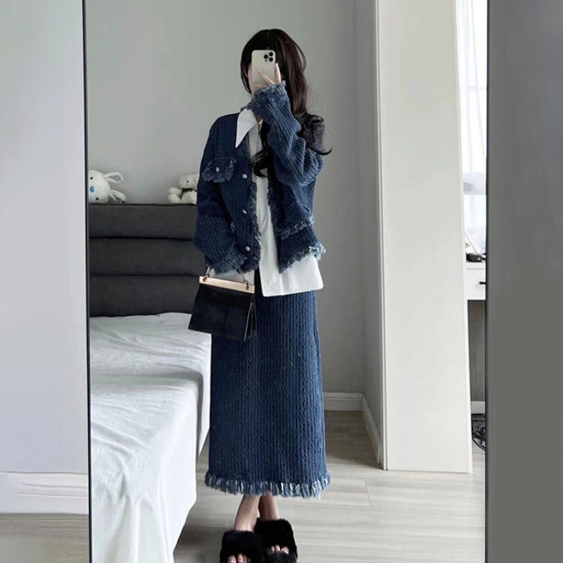 【單件/套裝】高級感毛邊小香風外套+設計感襯衫+高腰半身裙三件套裝-Cicimode