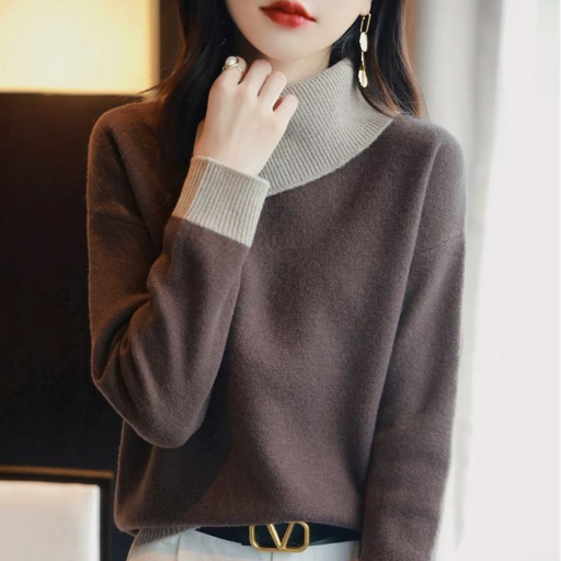 斜翻領撞色慵懶風寬鬆百搭針織毛衣-Cicimode