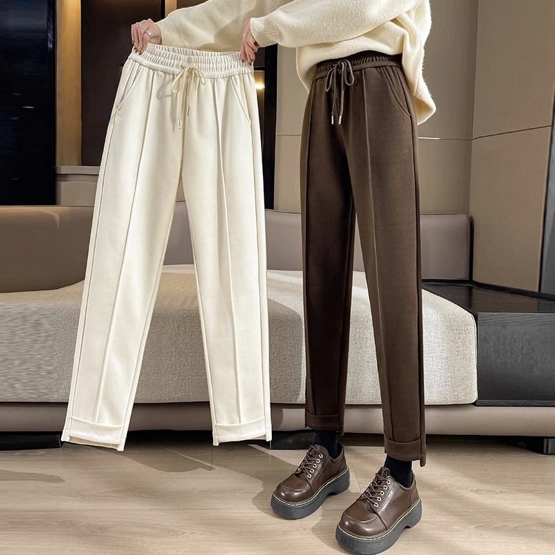 高腰顯瘦寬鬆刷毛加厚毛呢哈倫褲-Cicimode