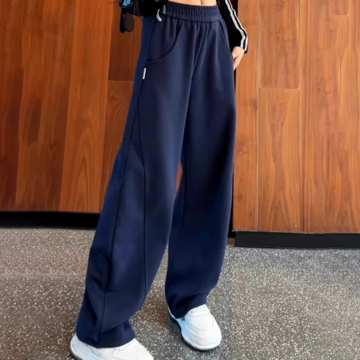 百搭運動風刷毛闊腿休閒直筒褲-Cicimode