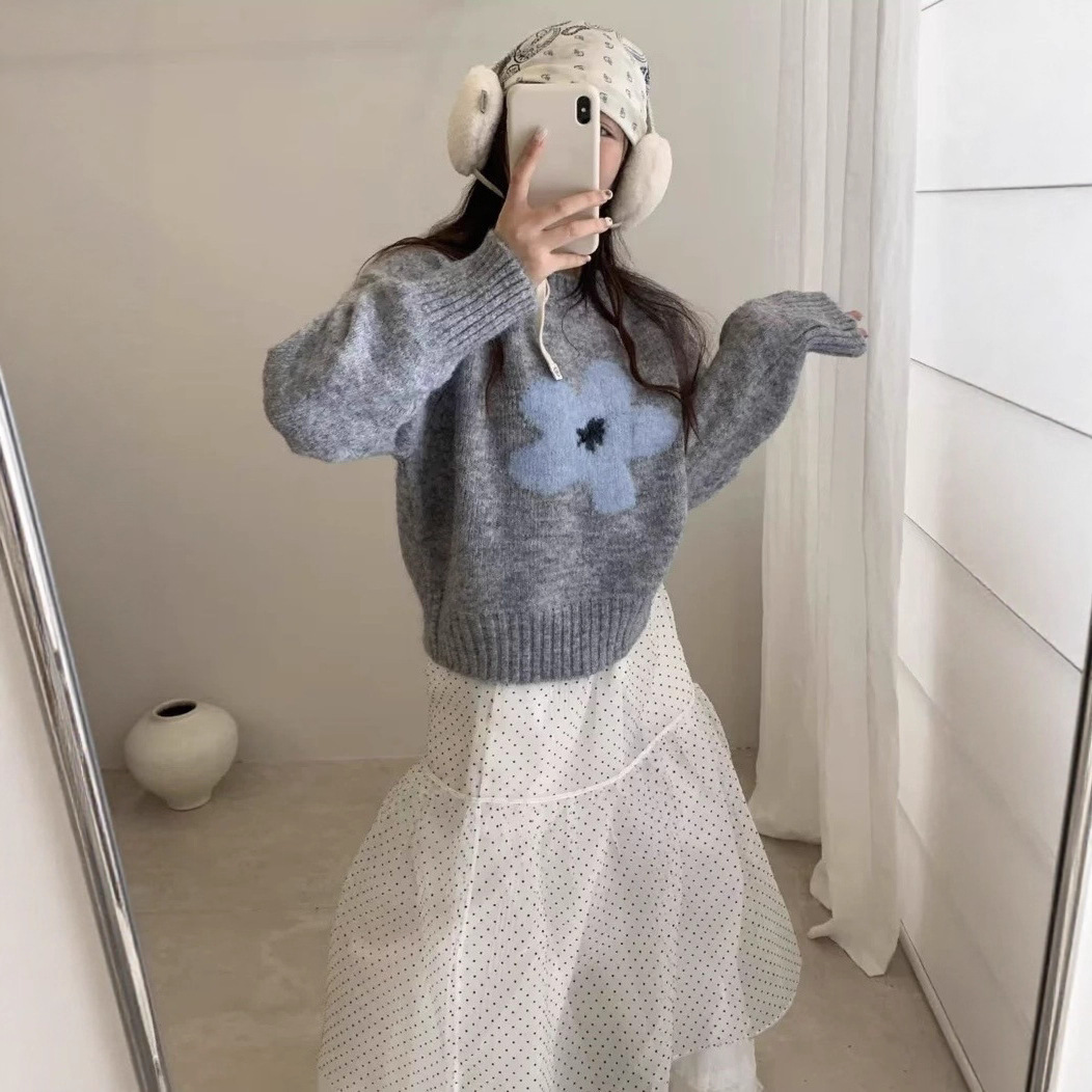 韓系花朵提花圓領短版套頭針織毛衣-Cicimode