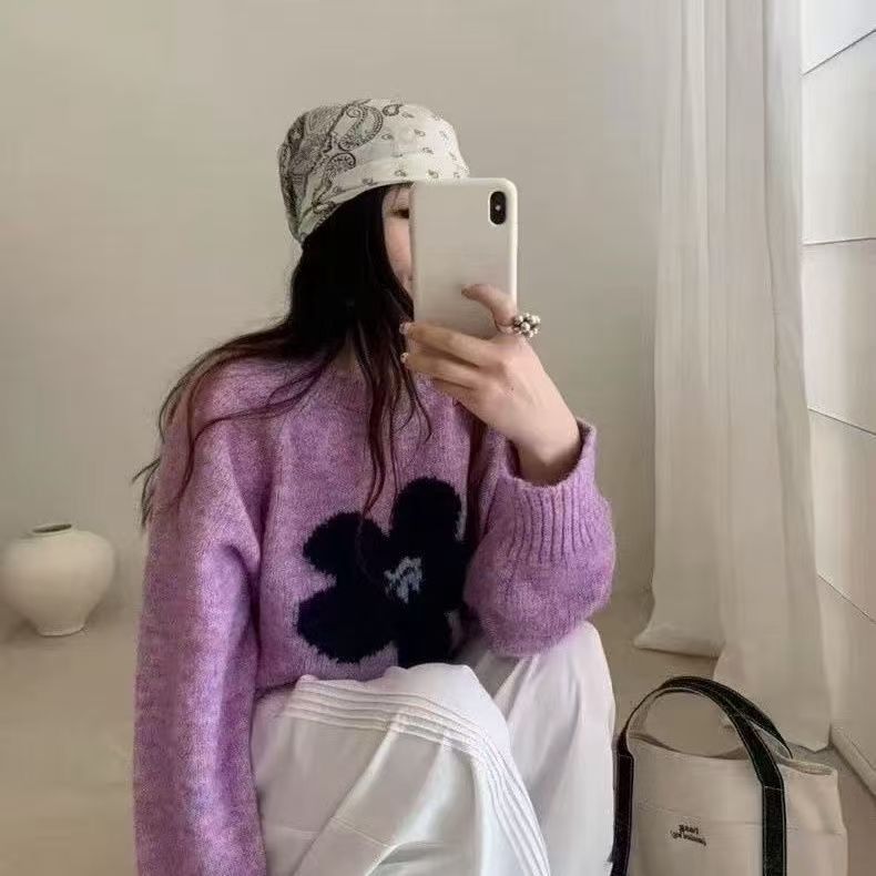 韓系花朵提花圓領短版套頭針織毛衣-Cicimode