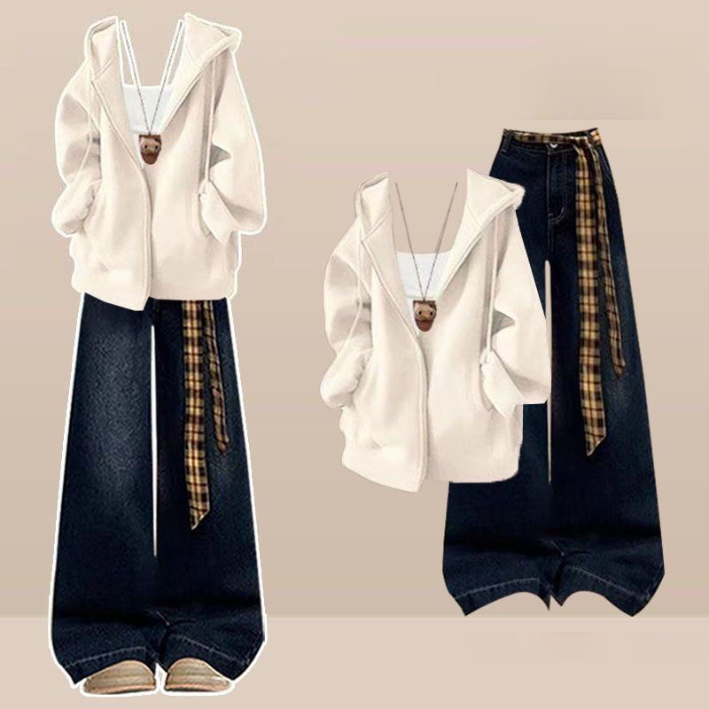 【單件/套裝】韓版寬鬆休閒連帽拉鏈外套+複古牛仔褲兩件套-Cicimode