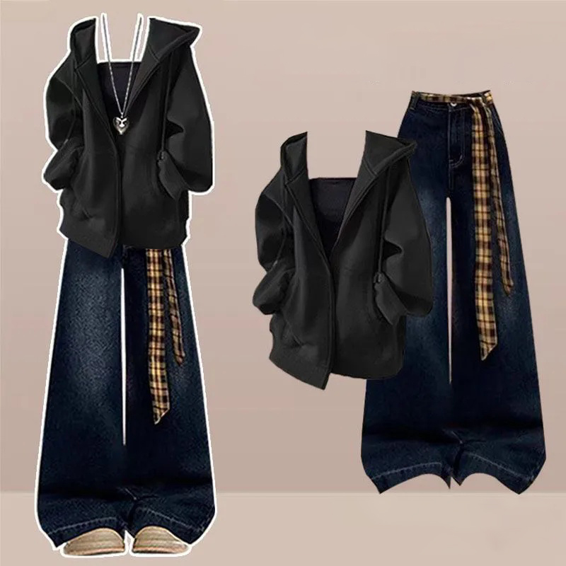 【單件/套裝】韓版寬鬆休閒連帽拉鏈外套+複古牛仔褲兩件套-Cicimode