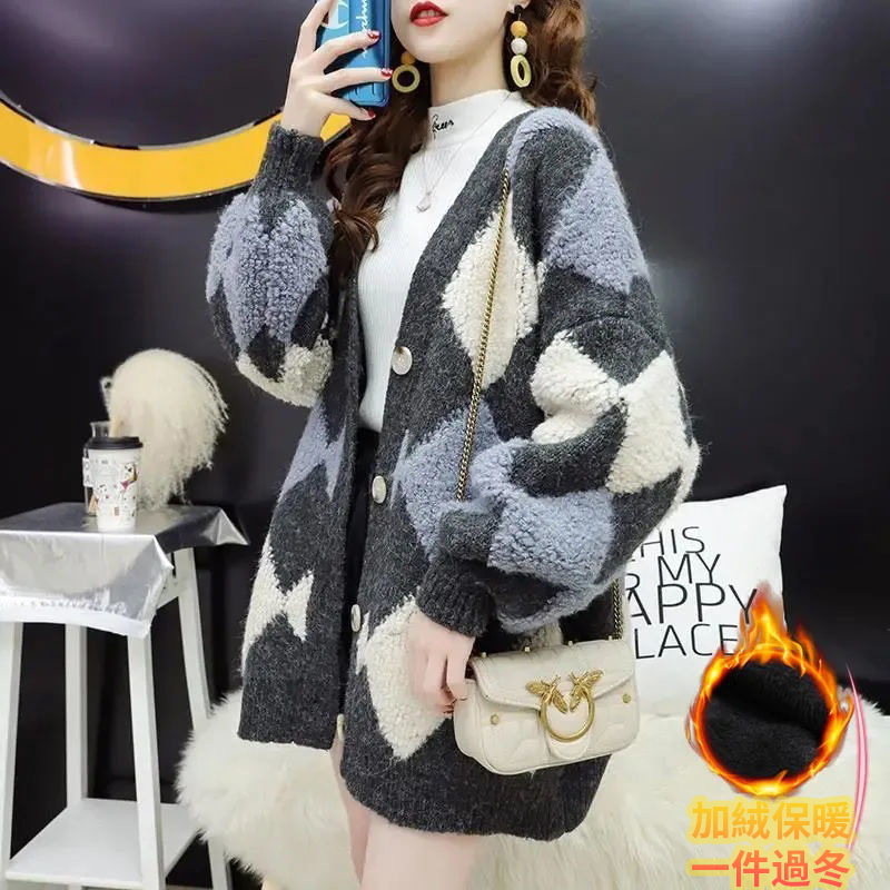 韓版慵懶風寬鬆刷毛中長版針織開衫-Cicimode