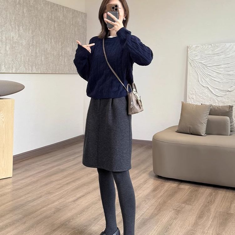 簡約高腰通勤顯瘦藏肉花苞中裙毛呢半身裙-Cicimode