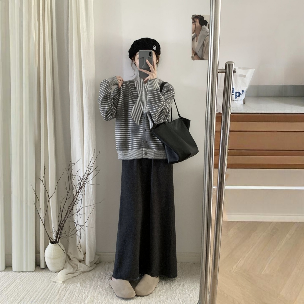 【單件/套裝】韓系復古高級感條紋寬鬆針織衫毛衣+圍巾+高腰半身裙三件套-Cicimode