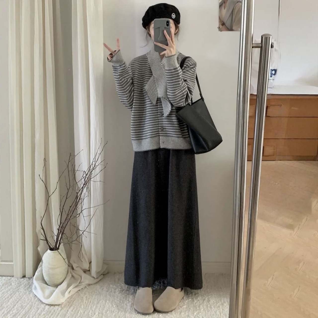 【單件/套裝】韓系復古高級感條紋寬鬆針織衫毛衣+圍巾+高腰半身裙三件套-Cicimode