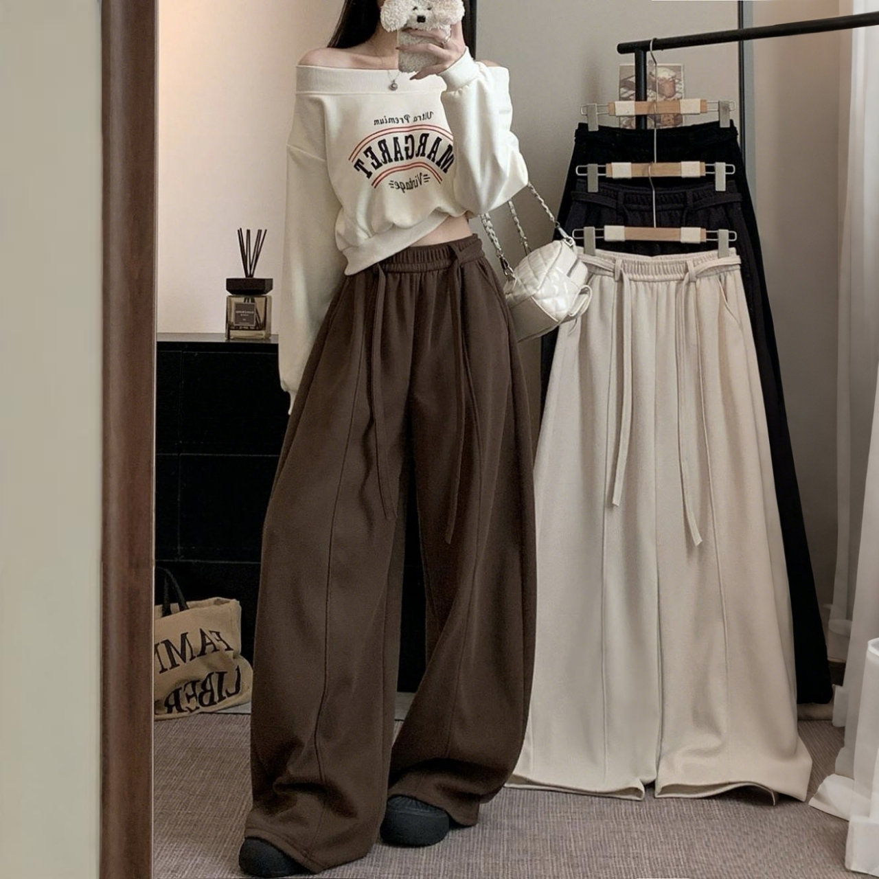 韓版刷毛鬆緊高腰休閒寬鬆垂感顯瘦闊腿褲-Cicimode