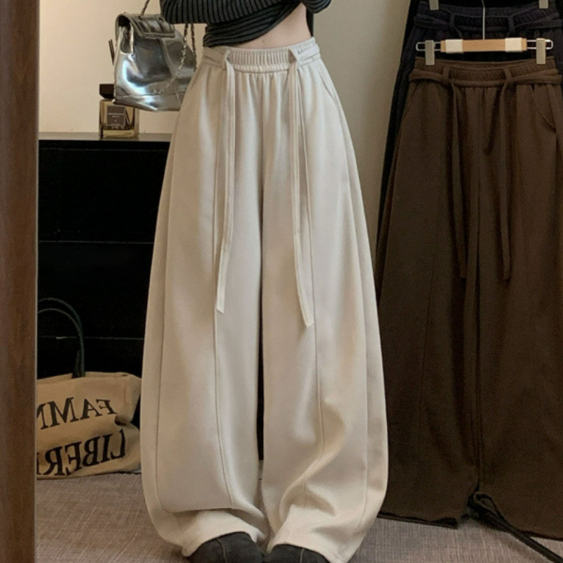 韓版刷毛鬆緊高腰休閒寬鬆垂感顯瘦闊腿褲-Cicimode