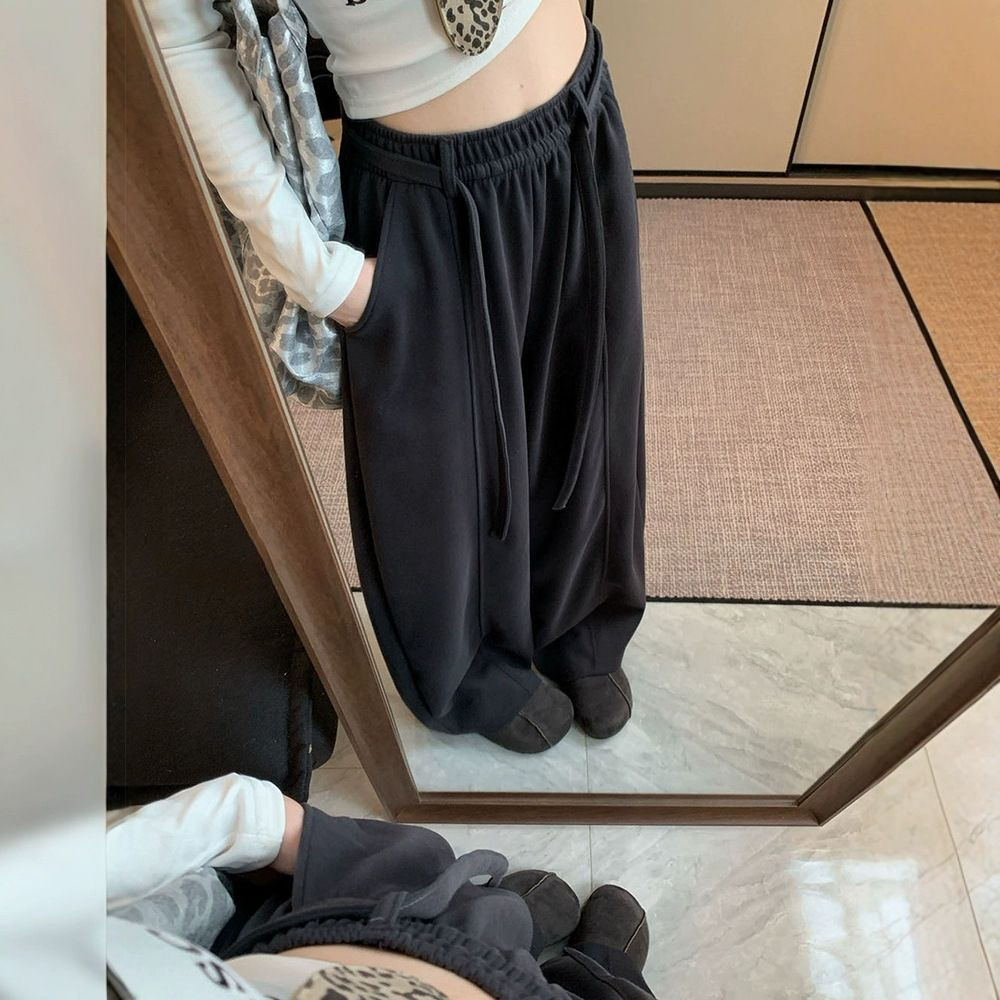 韓版刷毛鬆緊高腰休閒寬鬆垂感顯瘦闊腿褲-Cicimode