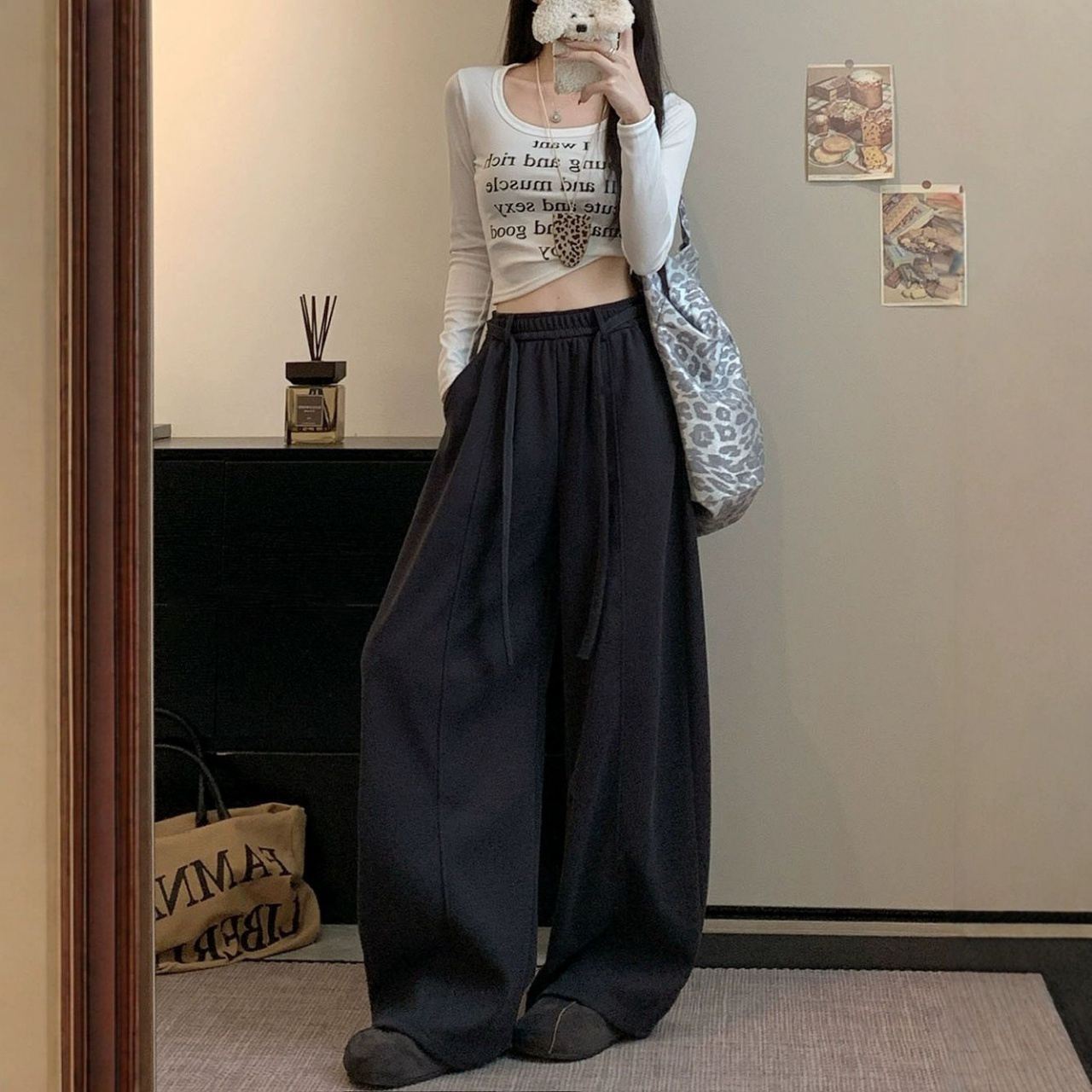 韓版刷毛鬆緊高腰休閒寬鬆垂感顯瘦闊腿褲-Cicimode