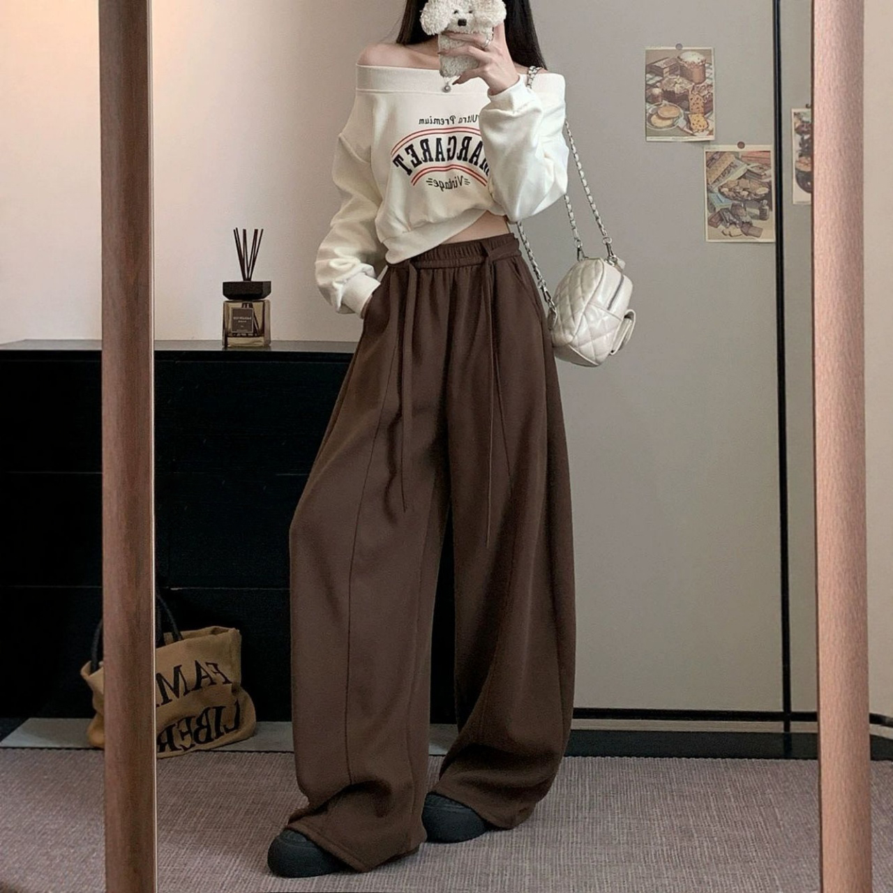 韓版刷毛鬆緊高腰休閒寬鬆垂感顯瘦闊腿褲-Cicimode