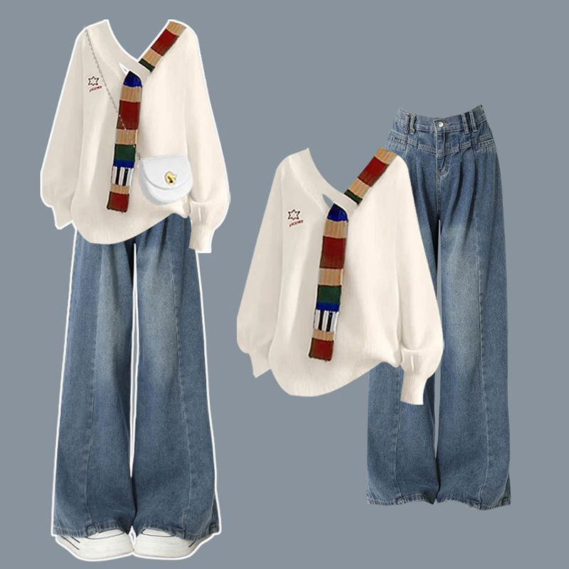 【單件/套裝】韓版設計感拼接長袖上衣+高腰顯瘦闊腿牛仔褲兩件套-Cicimode
