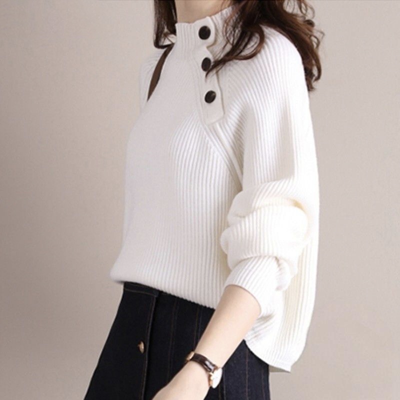 潮流慵懶風紐扣外穿半高領針織毛衣-Cicimode