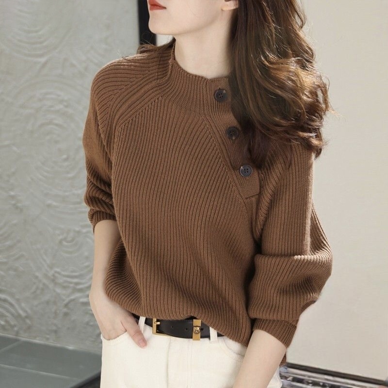 潮流慵懶風紐扣外穿半高領針織毛衣-Cicimode